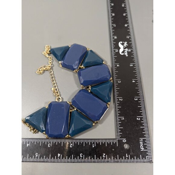 Blue Cabochon Statement Necklace Geometric Bold Gold Tone 18" - Picture 8 of 8
